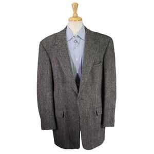 Harris Tweed Gray Black Herringbone Scottish Wool 2-Btn Blazer Jacket Tall 48XL